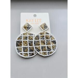 Kay Lee White Metallic Glass Beaded Round Earrings New